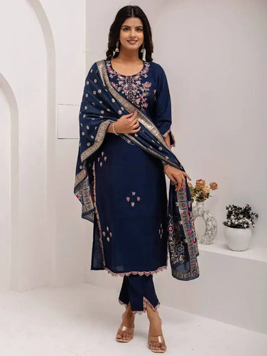 Magnetic Navy Blue Embroidered Viscose Silk Festive Wear Pant Suit